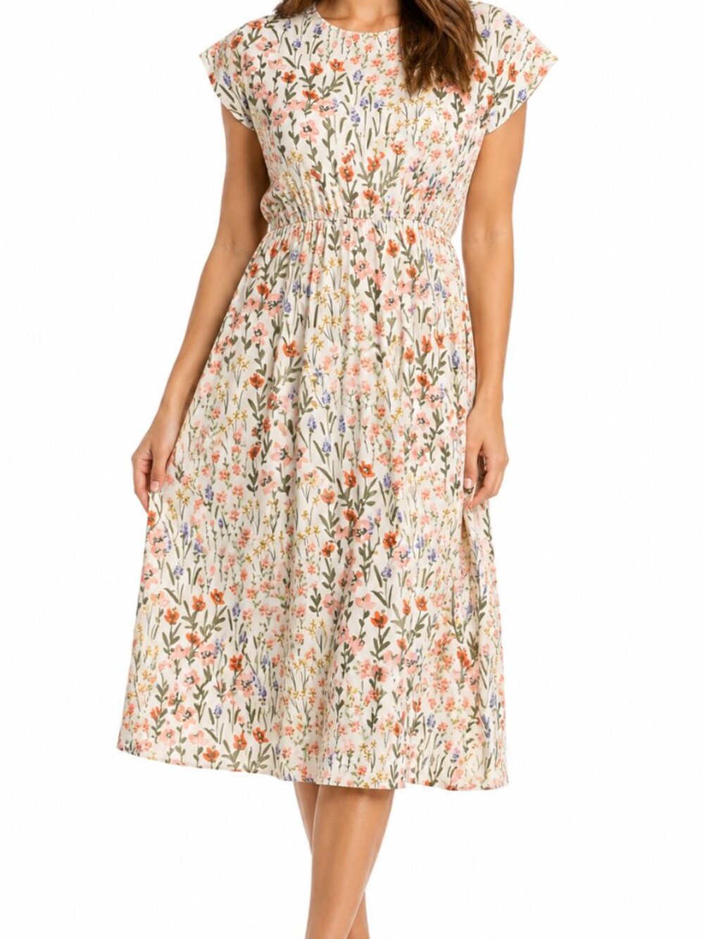 Floral Midi Dress in Cream with Orange & Pink Blooms